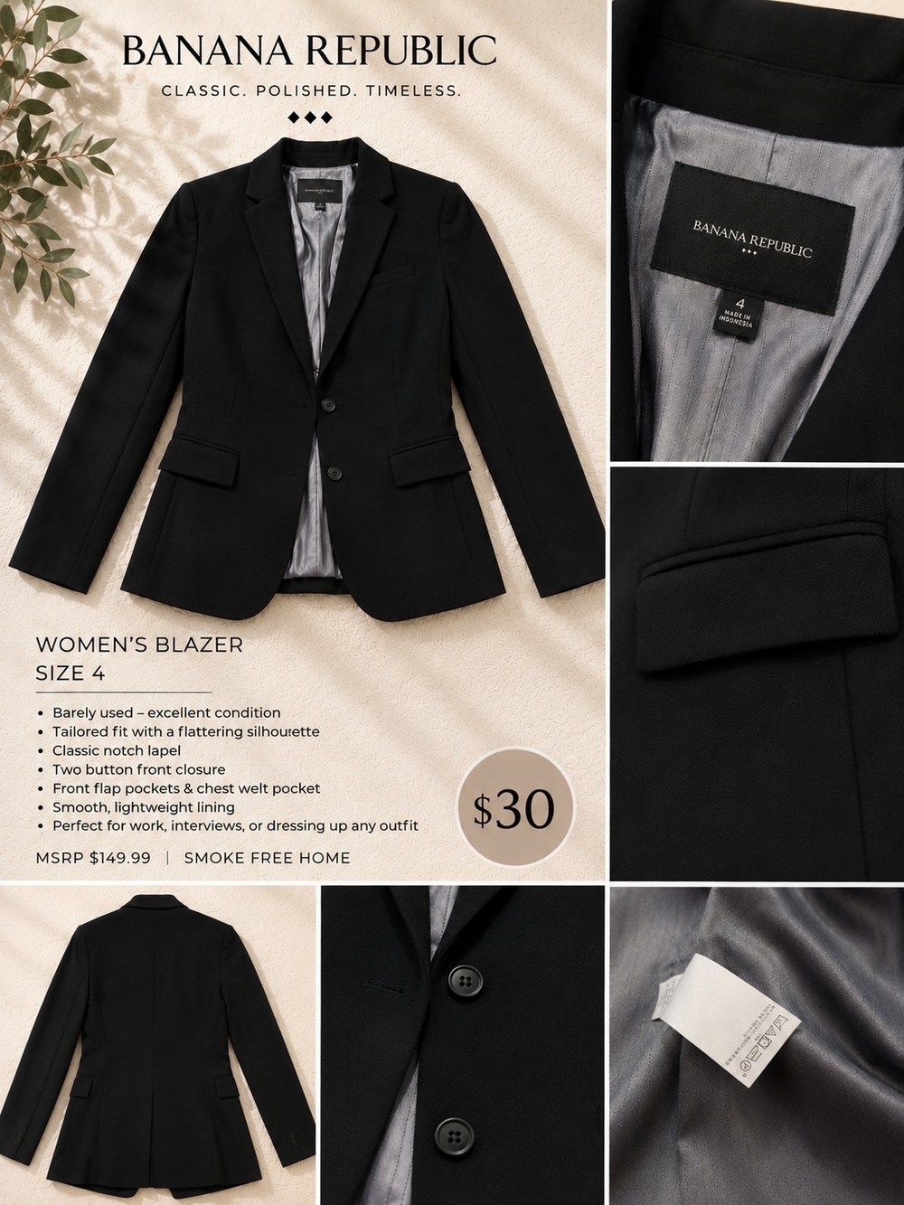 Title: Banana Republic Classic Black Blazer | Size 4 | Tailored Career Jacket |
